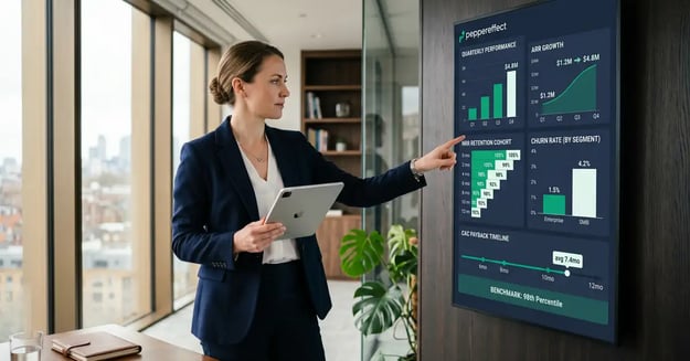 Mid-market B2B SaaS executive team reviewing 2026 benchmark dashboards with ARR growth, NRR, churn, and Rule of 40 performance metrics