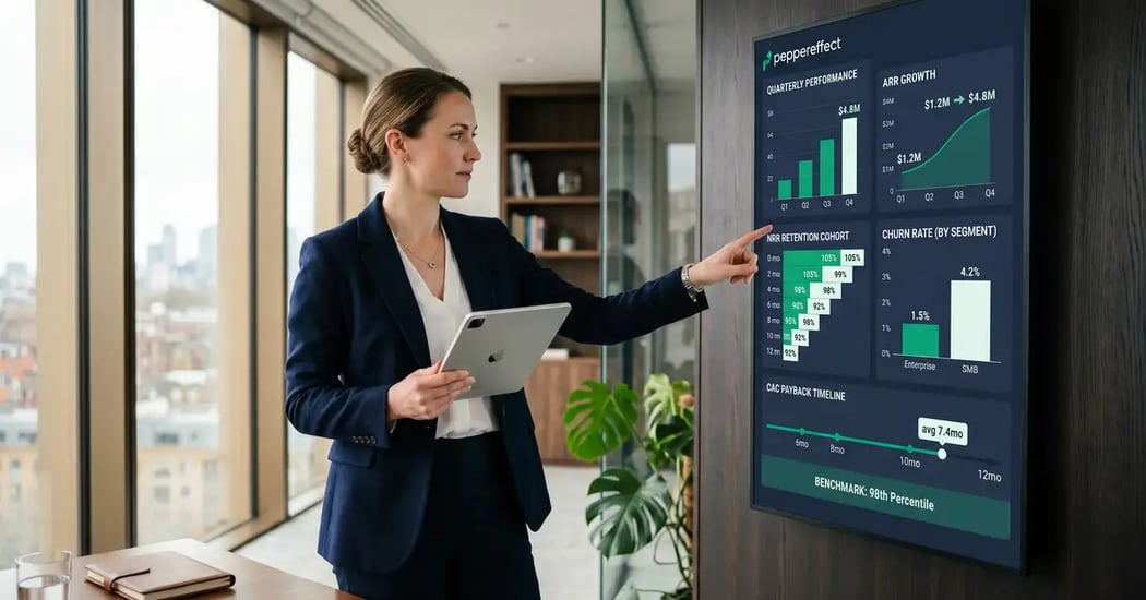 Mid-market B2B SaaS executive team reviewing 2026 benchmark dashboards with ARR growth, NRR, churn, and Rule of 40 performance metrics