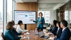 A SaaS executive presenting unit economics to her leadership team in a bright meeting room