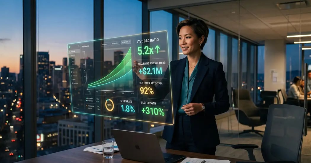 SaaS CEO reviewing a holographic dashboard displaying LTV to CAC ratio metrics with rising growth curves in a modern office