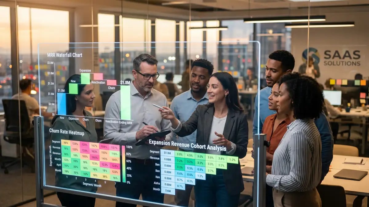 Mid-market SaaS leadership team reviewing a Monthly Recurring Revenue dashboard with expansion, churn, and retention metrics segmented by lever