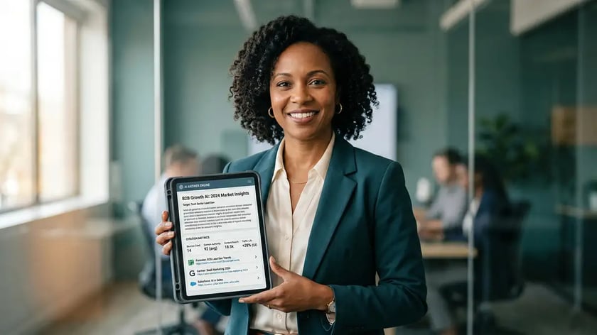 B2B marketing director holding tablet showing answer engine optimization citation metrics dashboard