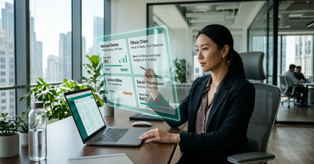 Hyper-personalized B2B cold email composition workspace with AI signal stacking and intent data enrichment overlay