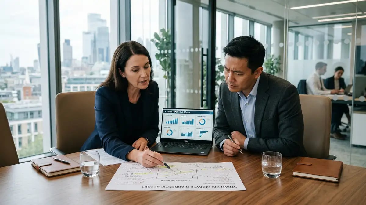 Two B2B executives in a diagnostic strategy conversation