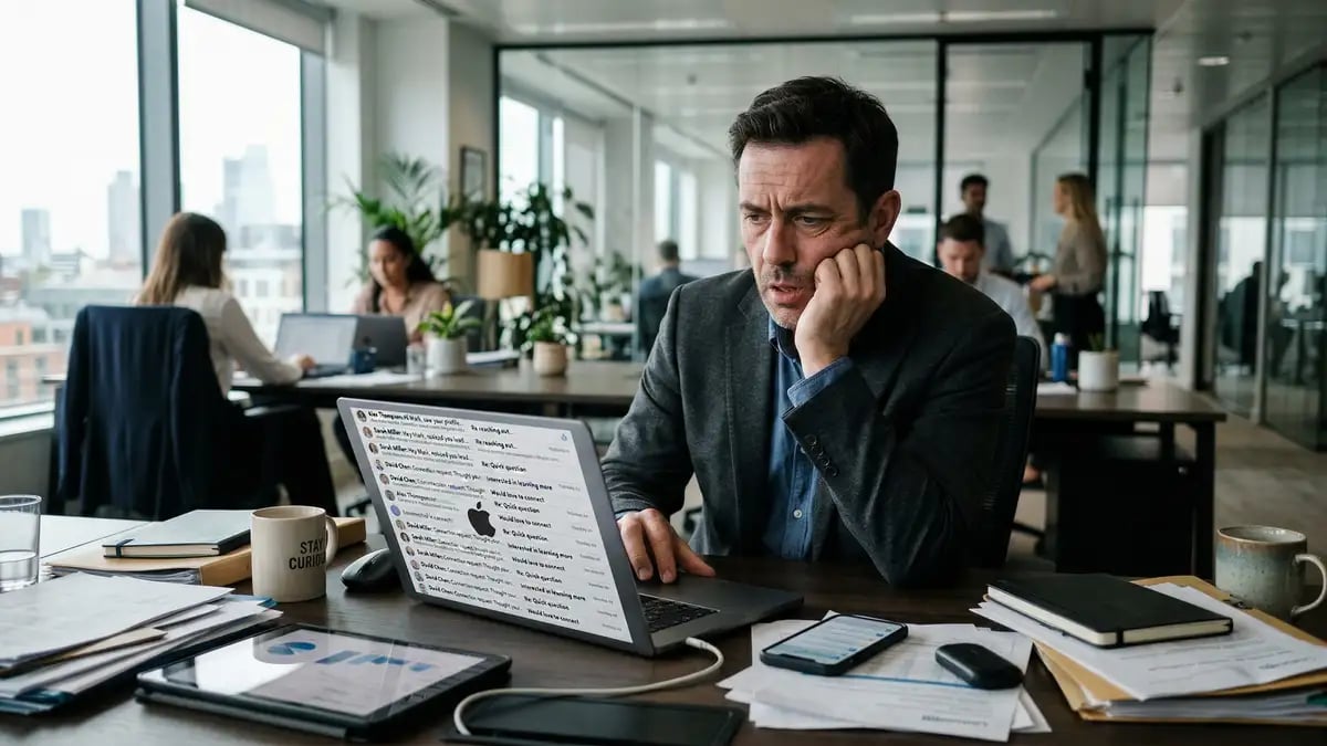 Frustrated B2B executive staring at a flood of templated LinkedIn connection requests