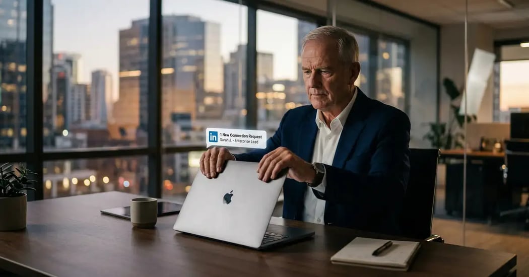 Executive closing a laptop on a LinkedIn connection request, symbolising the end of traditional B2B social selling
