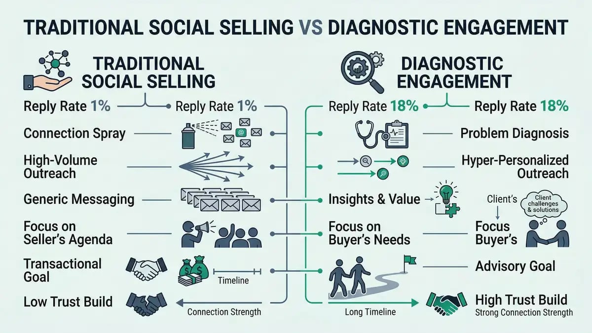 Infographic comparing traditional social selling vs diagnostic engagement across B2B metrics