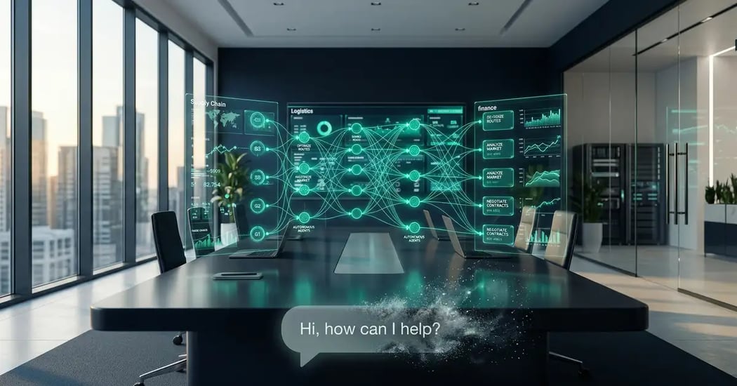 Autonomous AI agents collaborating across a B2B operations dashboard, symbolizing the agentic era beyond chatbots