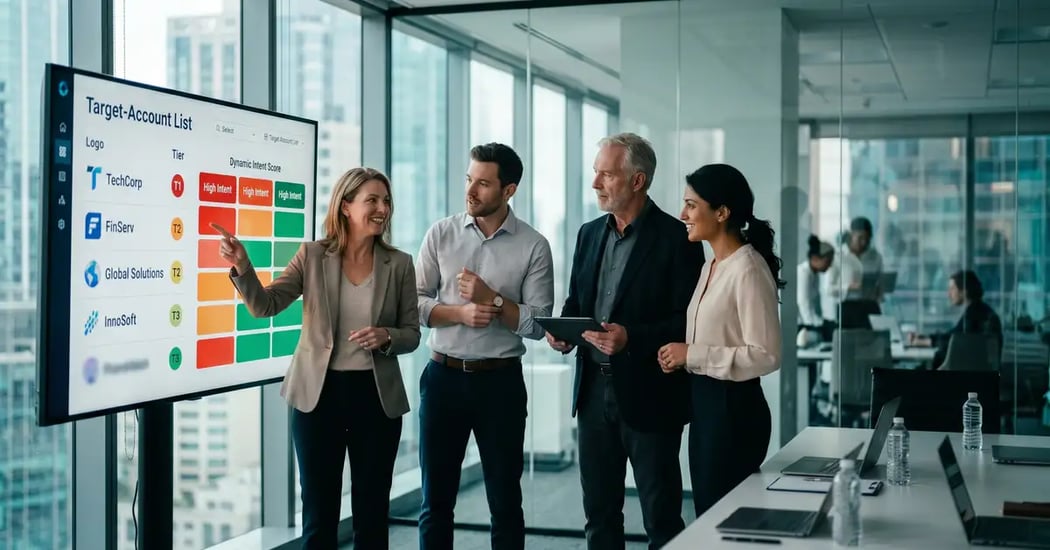 B2B SaaS marketing and sales leadership team in a modern boardroom reviewing a target-account list with tier indicators and intent score heatmap on a wall display during ABM strategy session