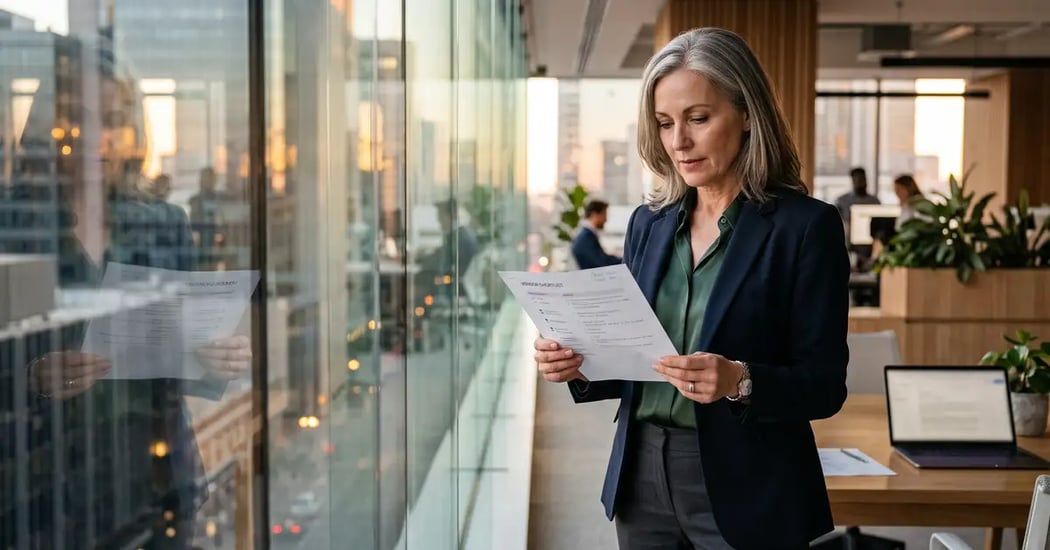 Marketing director at a B2B consulting firm reviewing a printed vendor shortlist beside an office window