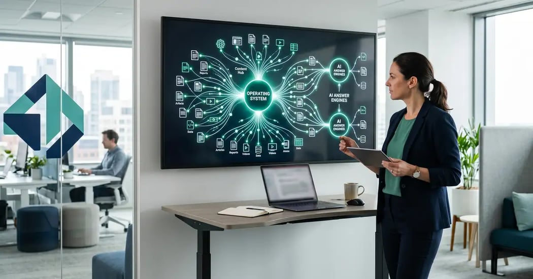 A content operating system on a screen producing an interconnected network of content that feeds AI answer engines