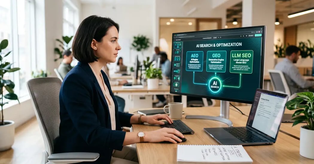 A B2B marketer looking at three labelled acronym cards AEO, GEO, and LLM SEO connected to a central AI search concept on a monitor
