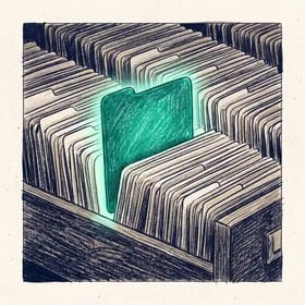 Illustration of one index card pulled forward and glowing green among hundreds of identical filing cards, representing a single source being selected for citation from many retrieved candidates