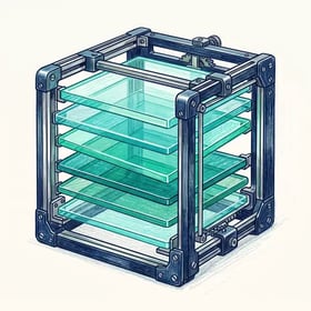 Illustration of six aligned translucent glass plates in a metal frame, representing the six interdependent layers of an answer engine optimization program