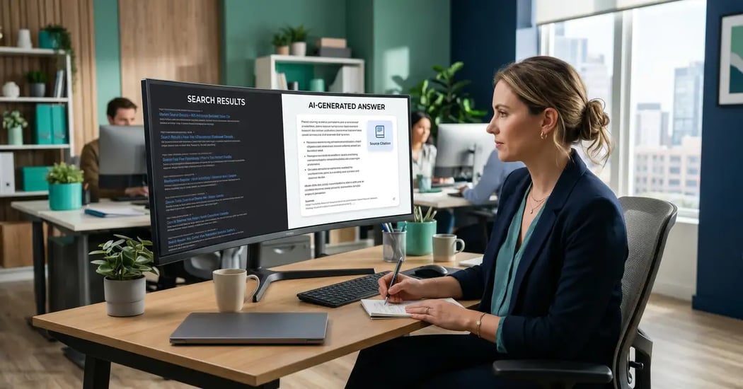 A B2B marketer comparing a list of ranked search links with a single AI-generated answer that cites a brand as its source