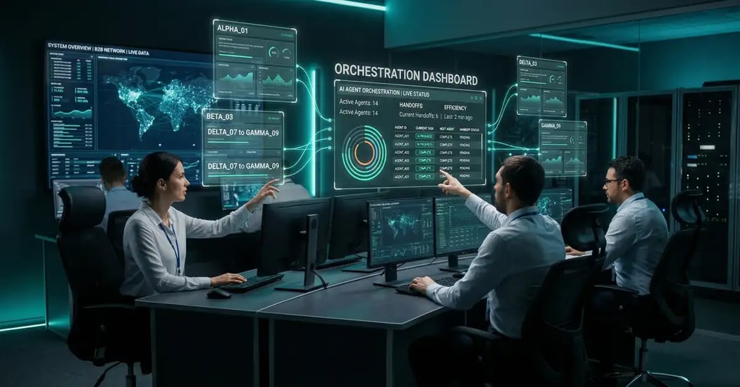 Modern control room with holographic AI agent interfaces showing data flows and handoff status between multiple autonomous systems