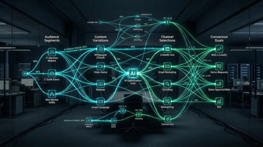 Abstract visualization of AI marketing agent decision-making process with interconnected nodes for audience segments and conversion goals