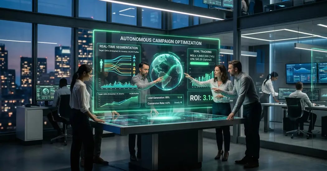 Agentic marketing concept showing autonomous AI systems orchestrating B2B campaign decisions across multiple channels with goal-driven optimization