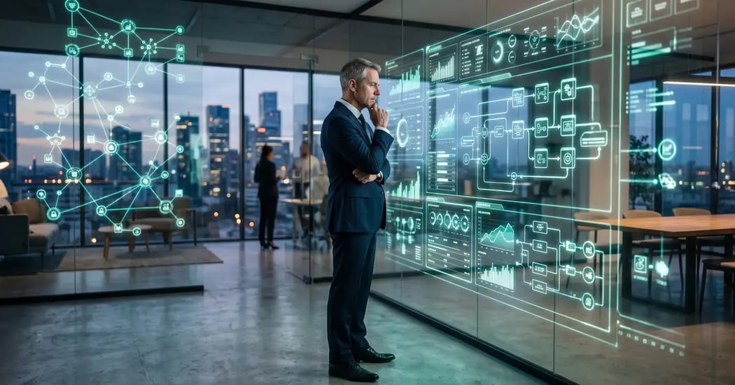 B2B executive reviewing holographic dashboards comparing the best agentic automation platforms in 2026 during a strategic platform evaluation