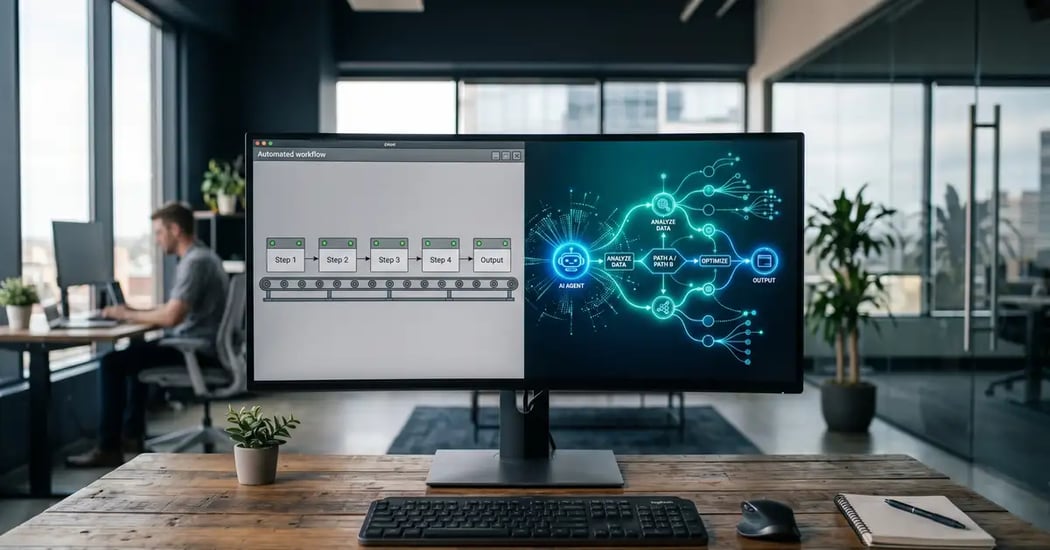 A split scene contrasting a rigid linear automated workflow on the left with an adaptive branching AI agent on the right