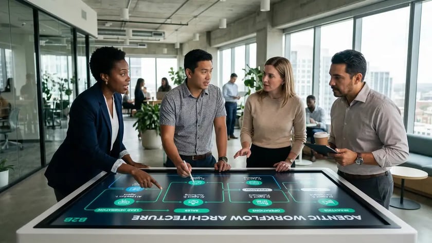 B2B team collaborating around an interactive display showing agentic workflow architecture with autonomous AI agents handling multiple business functions