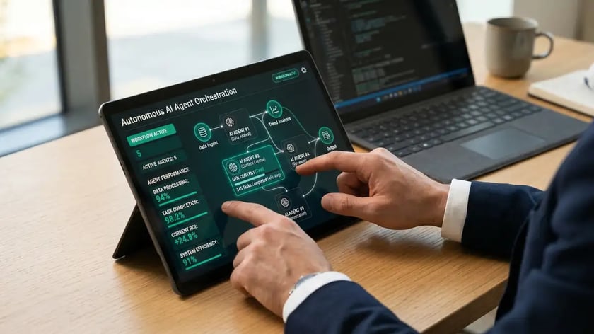 Business professional interacting with a tablet showing autonomous AI agent orchestration with workflow nodes and performance metrics