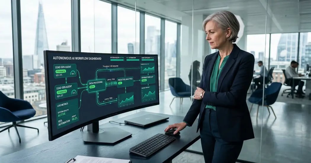 Senior B2B executive reviewing an autonomous AI workflow dashboard displaying agentic systems with real-time automation metrics