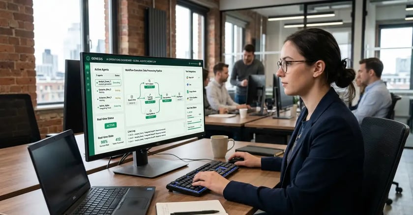 Modern AI operations dashboard showing agentic workflow execution with multiple autonomous agents processing tasks and real-time status monitoring