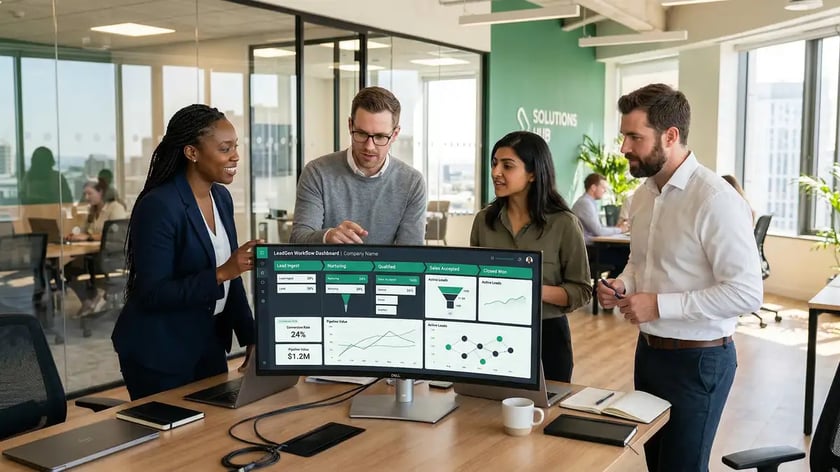 B2B team collaborating around a curved monitor showing an automated lead generation workflow dashboard with pipeline metrics