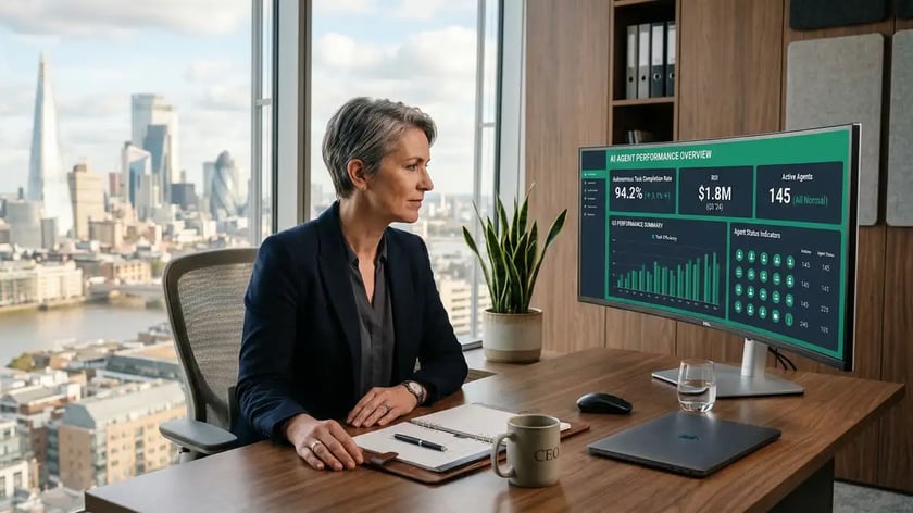 Senior executive reviewing AI agent performance metrics and ROI dashboard on ultrawide monitor in a modern corner office