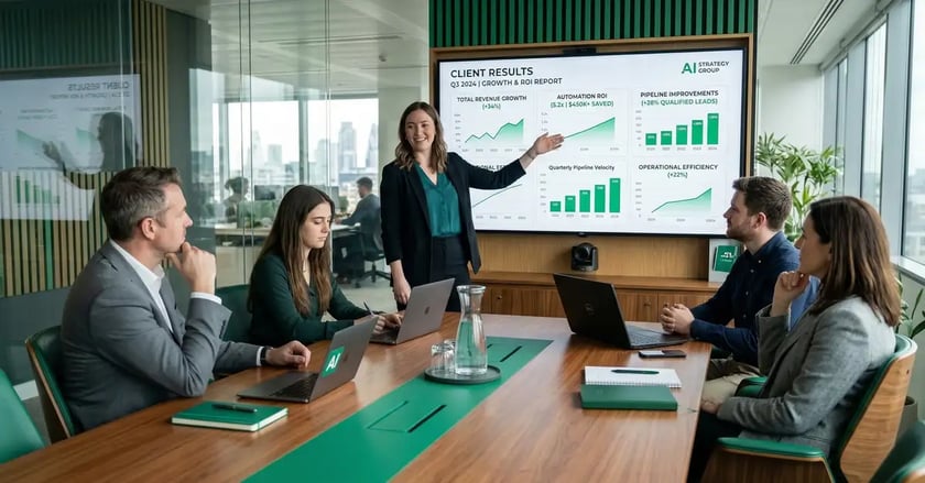 AI agency team presenting client growth metrics, automation ROI, and pipeline improvements