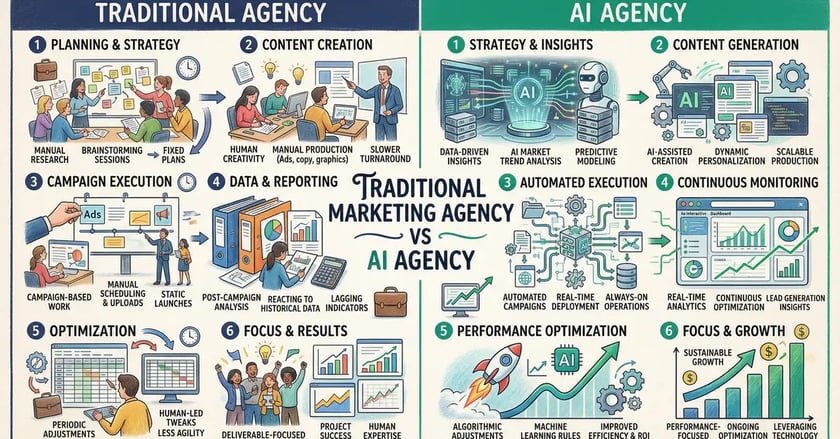 Comparison of traditional marketing agency vs AI agency approaches