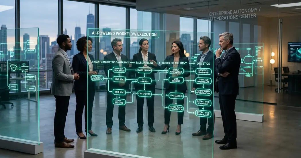 B2B executive team in high-tech operations center observing AI agents autonomously executing complex business workflows on holographic displays with teal-green data flows