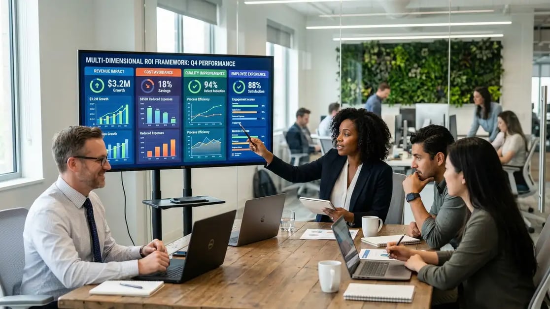 Business team reviewing multi-dimensional AI automation ROI framework showing revenue impact and cost metrics on monitor