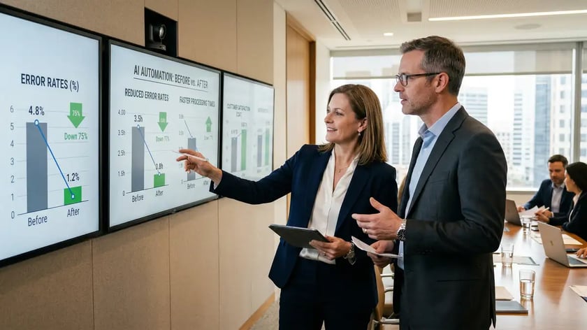 Executives examining before-and-after AI automation performance charts showing error reduction and improved satisfaction