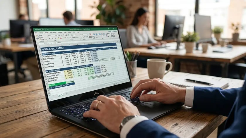 Financial analyst calculating AI automation ROI on laptop with cost categories and projected savings