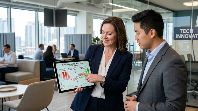 Operations director reviewing AI automation ROI milestones timeline on tablet showing break-even to compounding returns