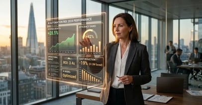 Executive analyzing holographic AI automation ROI dashboard with revenue charts and cost metrics in modern office