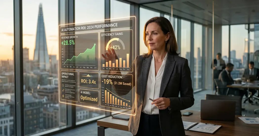 Executive analyzing holographic AI automation ROI dashboard with revenue charts and cost metrics in modern office