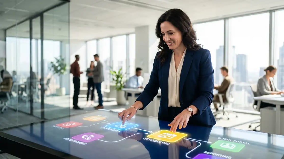 B2B operations team reviewing AI automation dashboards showing workflow efficiency metrics and cost reduction data