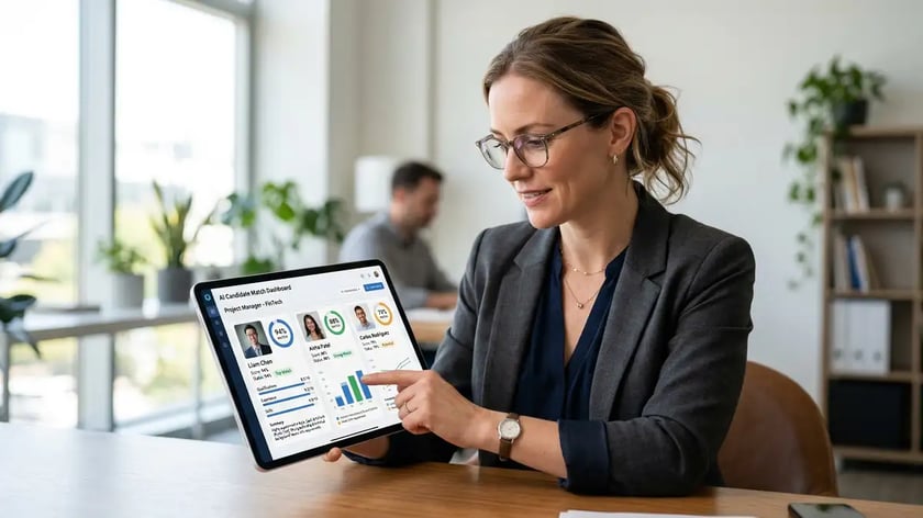 Recruiting professional reviewing tablet showing AI-generated candidate match scores and qualification summaries in modern office