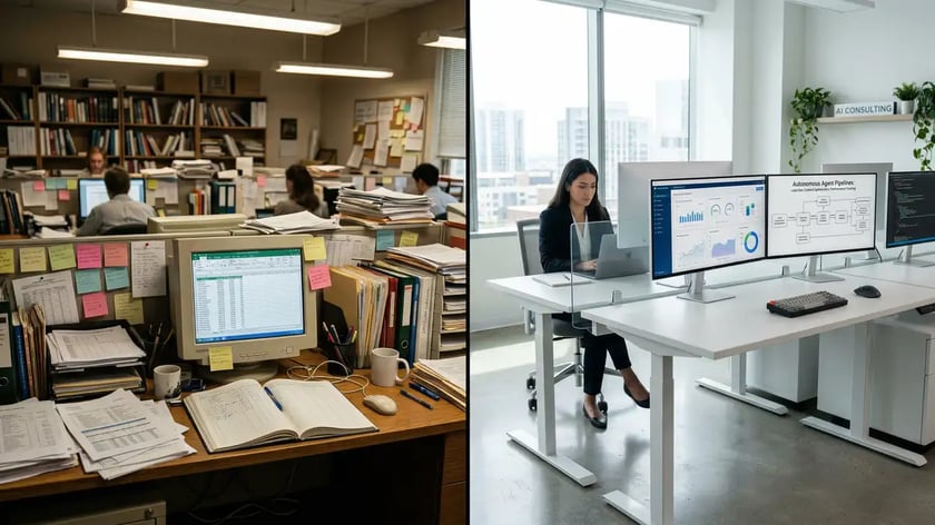 Comparison visualization of traditional digital agency vs AI consulting agency operating models and delivery structures