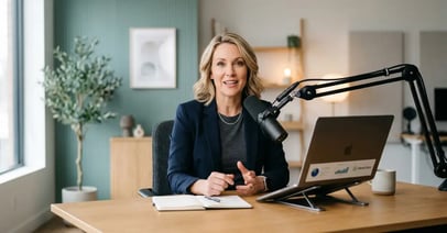 Professional B2B consultant recording expert video in modern studio for AI content repurposing and multi-channel distribution