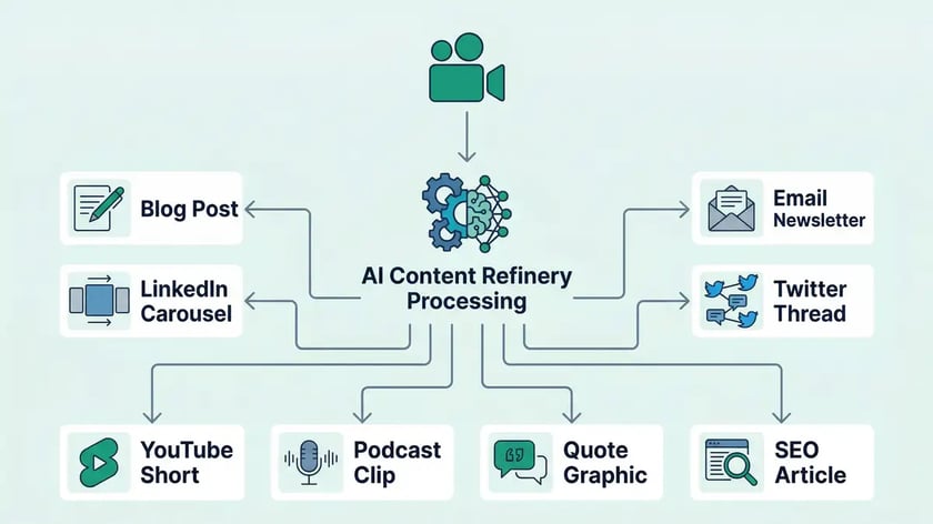 AI Content Refinery infographic showing workflow from single video recording through AI processing to eight output content formats using brand colors