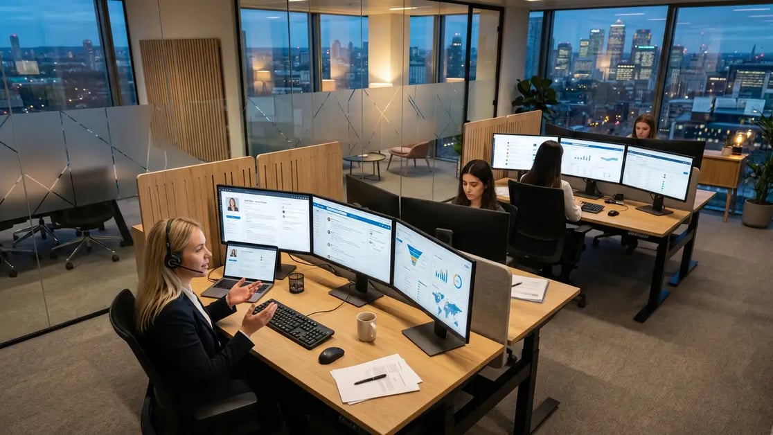 Executive search operations centre with researchers using AI sourcing dashboards to run autonomous candidate discovery across multiple data sources