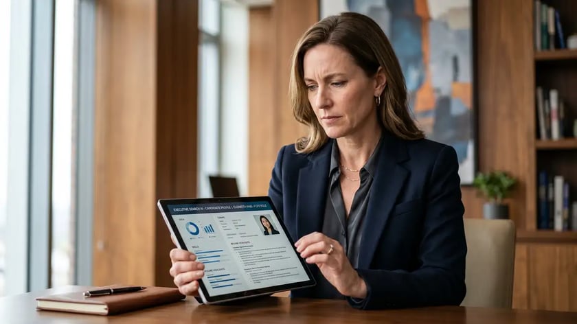 Senior executive search consultant reviewing an AI-generated candidate dossier on a tablet in a premium modern office