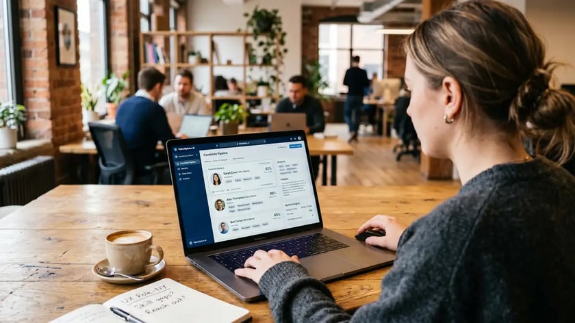 Executive search recruiter using AI sourcing software with visible candidate match scores and skill tags on screen