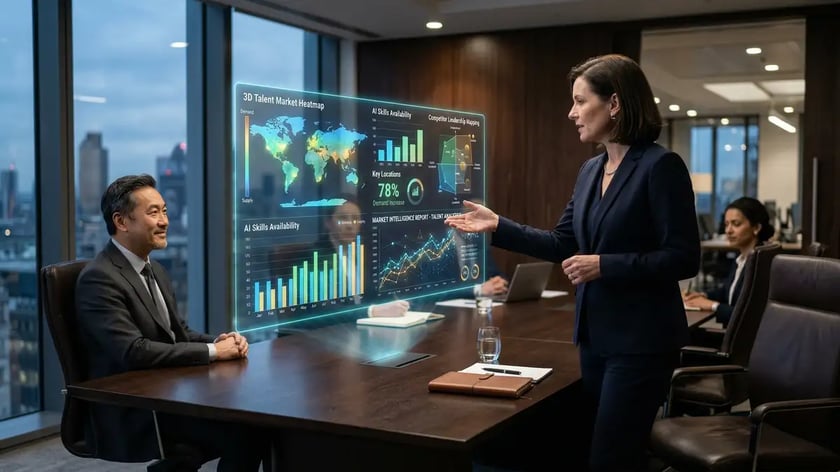 Executive search consultant presenting AI-generated market intelligence to corporate client in premium boardroom setting