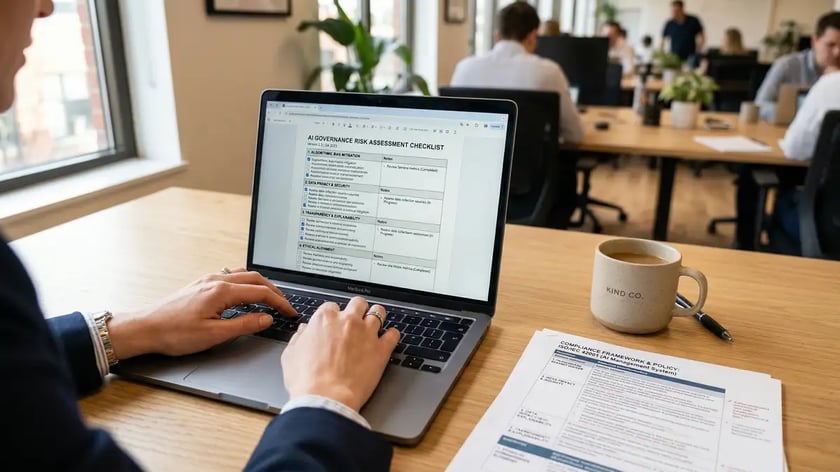 Business professional reviewing AI governance risk assessment checklist on laptop with compliance documentation