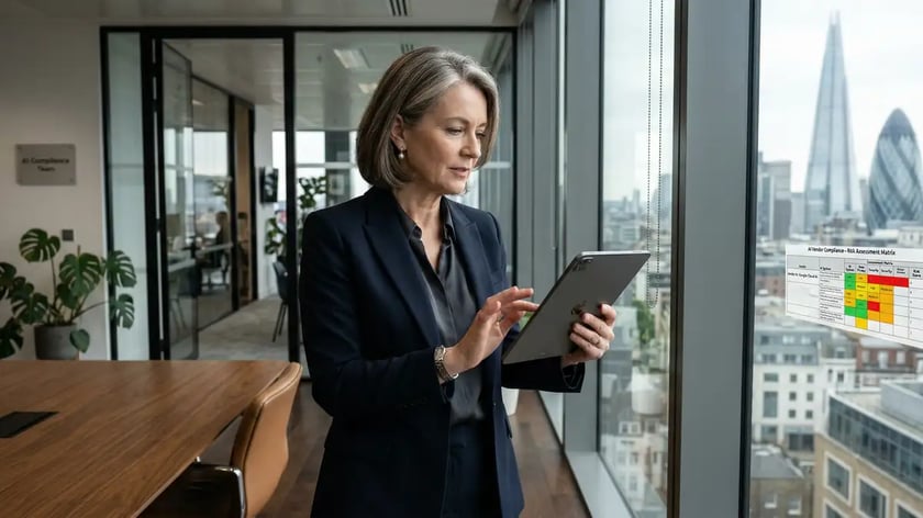 Senior executive reviewing AI vendor compliance documentation and risk assessment matrix on tablet near office windows